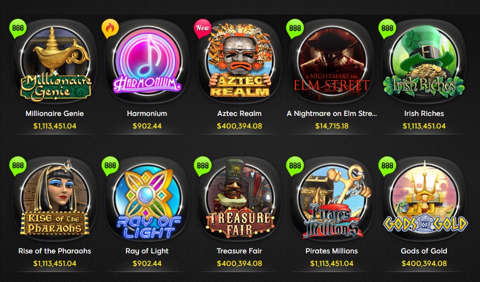 Available jackpot games at an online casino.